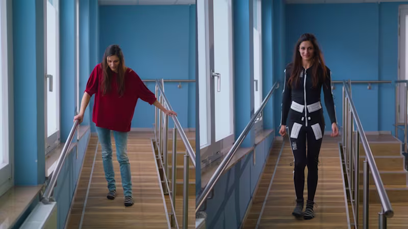 Multiple sclerosis patient before and after wearing the Exopulse Mollii Suit