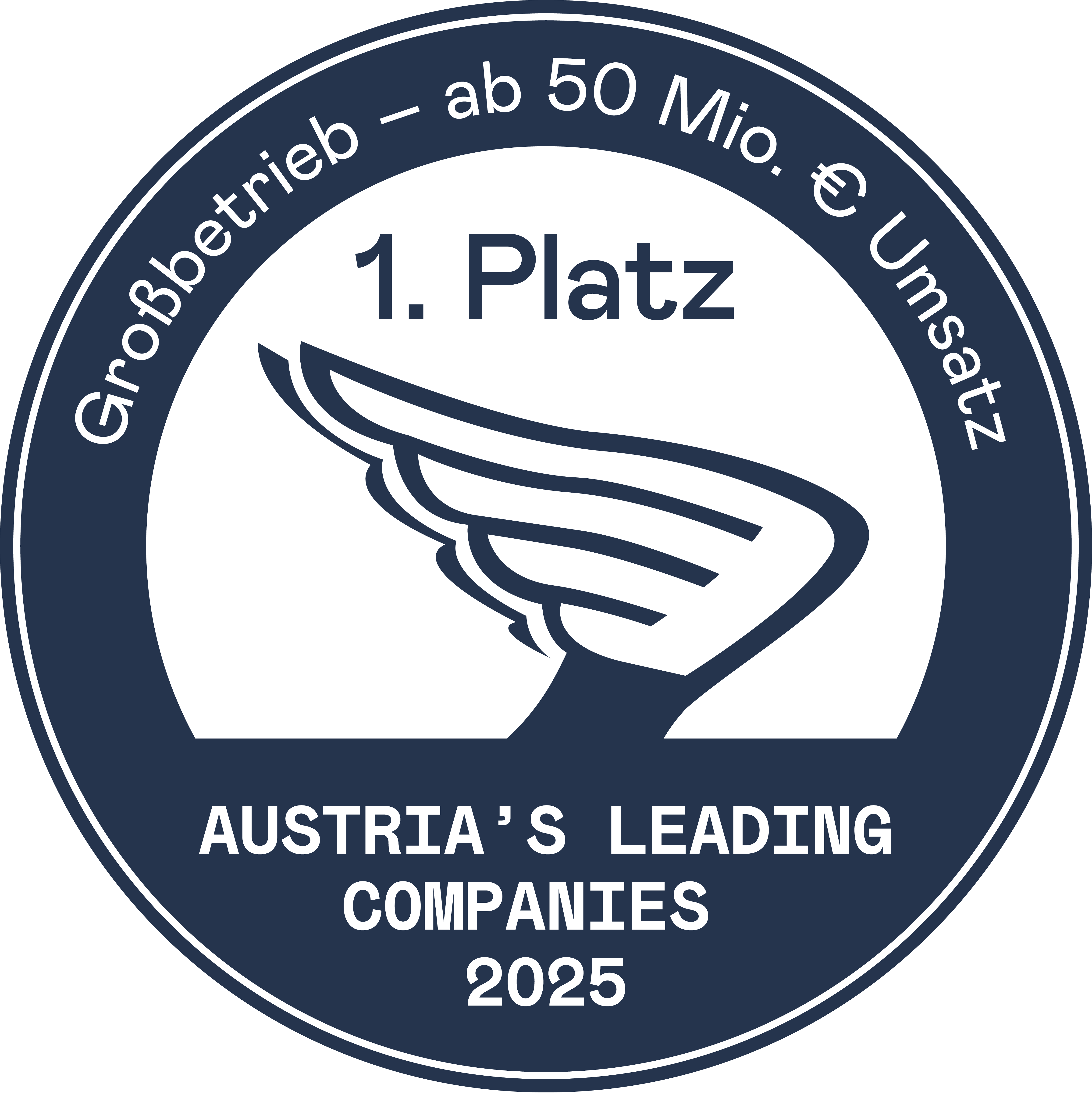 Auf dem Bild sieht man das Siegel für den 1. Platz Großbetriebe 2025