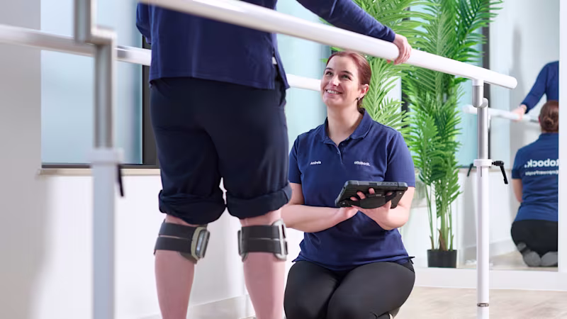 Ottobock UK Academy Clinician Andreia Lopes fitting the L300 Go Bioness FES device to a patient.