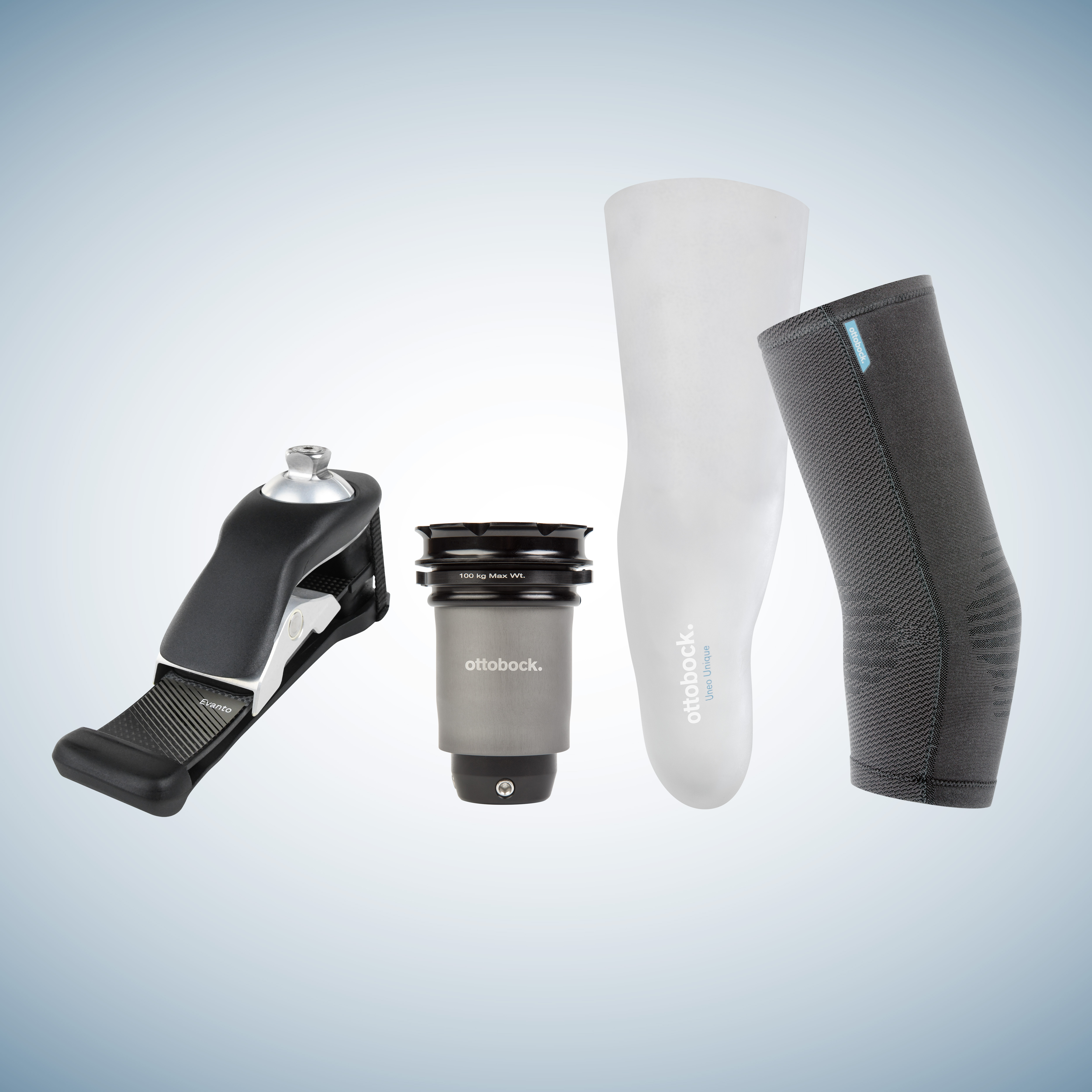 Evanto prosthetic foot, Uneo custom liner, Harmony P4 suspension, and ProFlex Plus sealing sleeve.