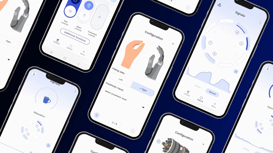 A series of phones arrayed on a blue background showcasing different screens within the Ottobock connectgrip app