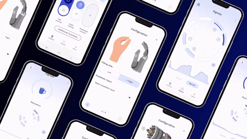 A series of phones arrayed on a blue background showcasing different screens within the Ottobock connectgrip app