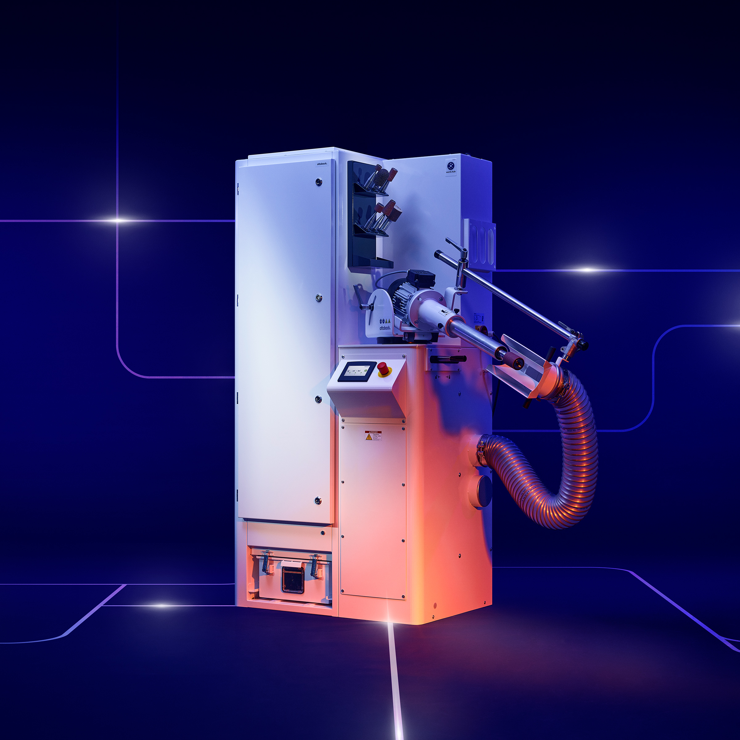 Side image of Ottobock socket router on dark blue background for Ottobock work.hub.
