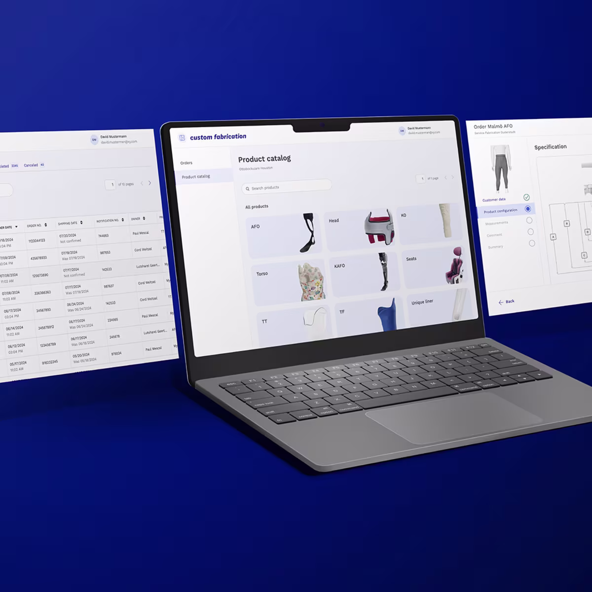 Laptop displaying custom fabrication software showing custom product catalog.