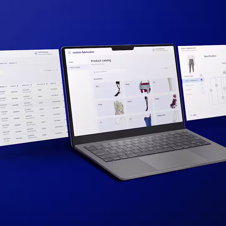 Laptop displaying custom fabrication software showing custom product catalog.