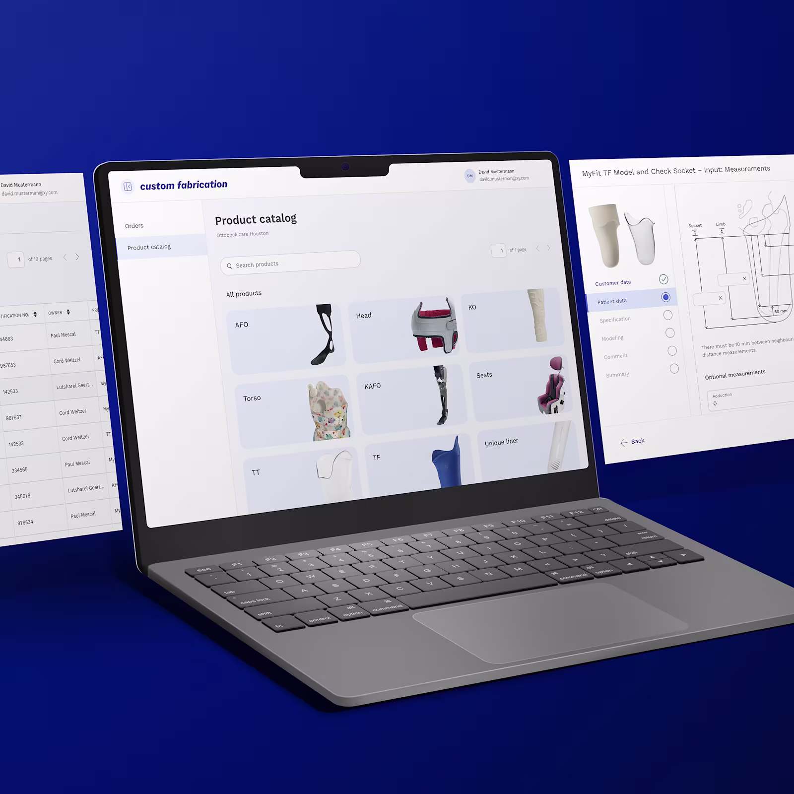 Laptop displaying custom fabrication software showing custom product catalog.