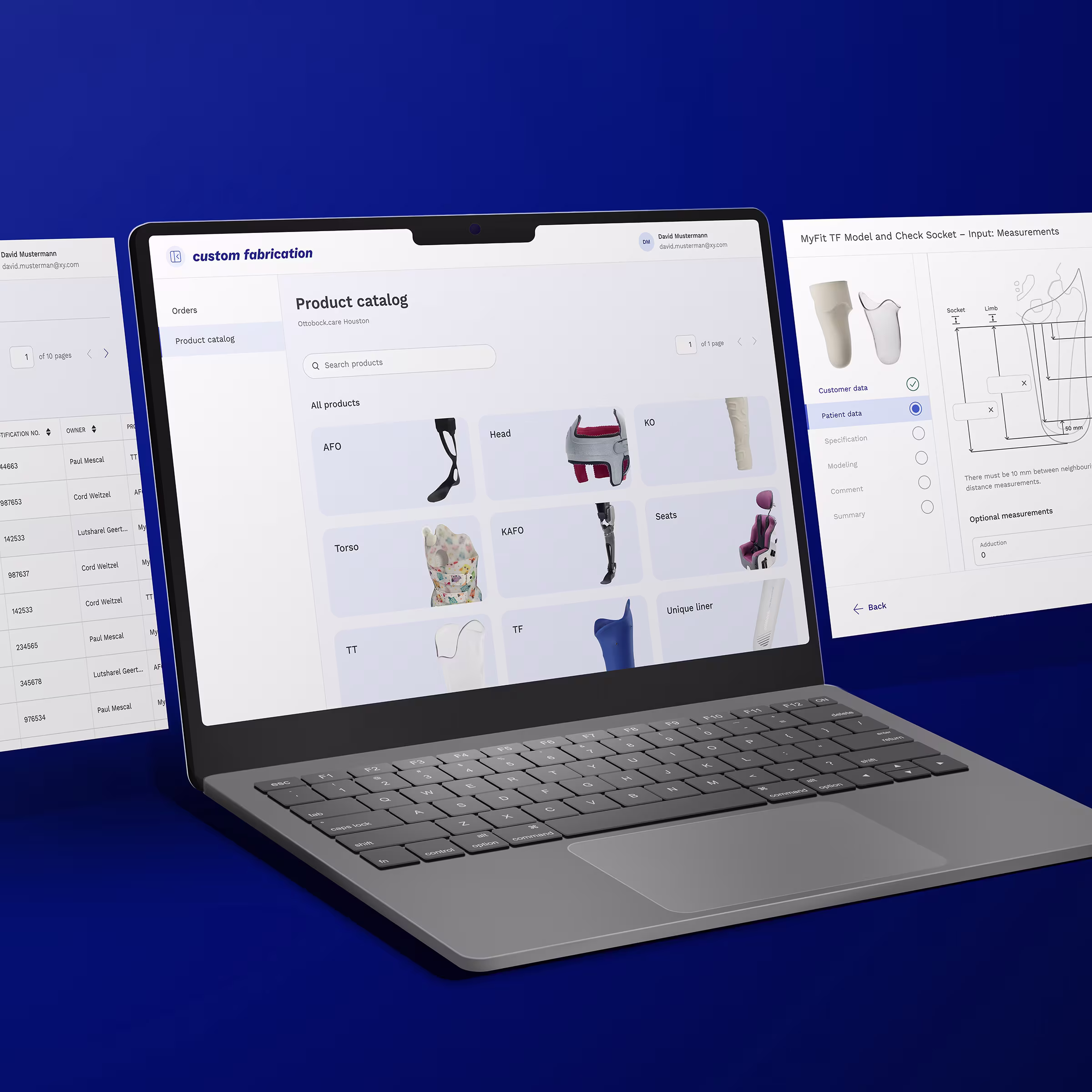 Laptop displaying custom fabrication software showing custom product catalog.