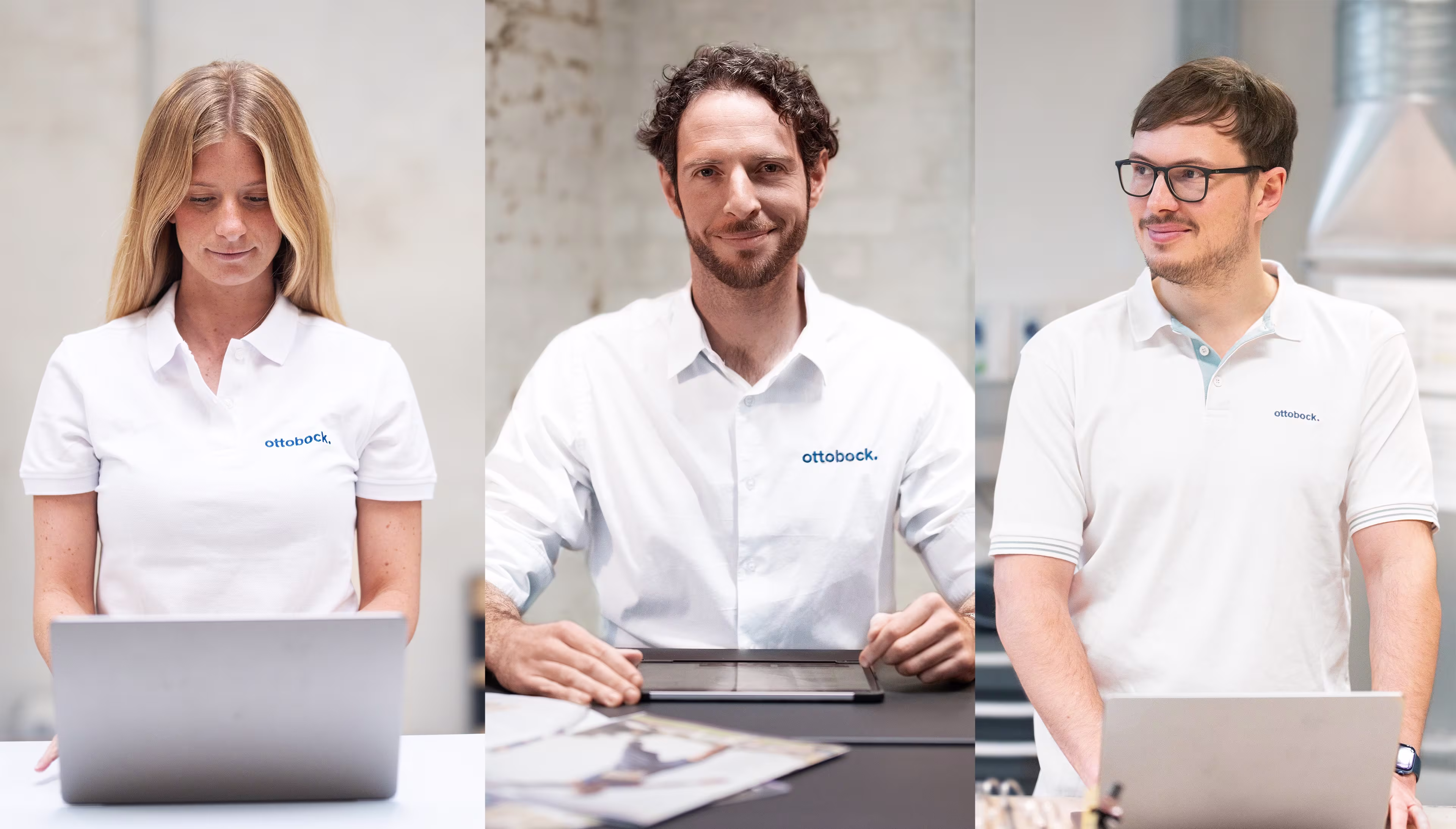 Three Ottobock healthcare professionals using laptops and tablets.