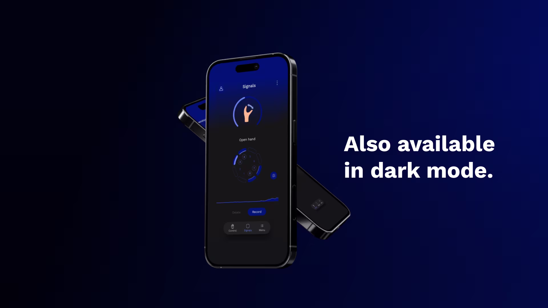Screen of connectgrip app in dark mode.