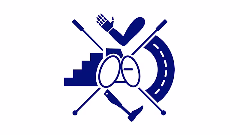 Blue pictogram including stairs, a prosthetic arm and leg, and a wheelchair in the center.