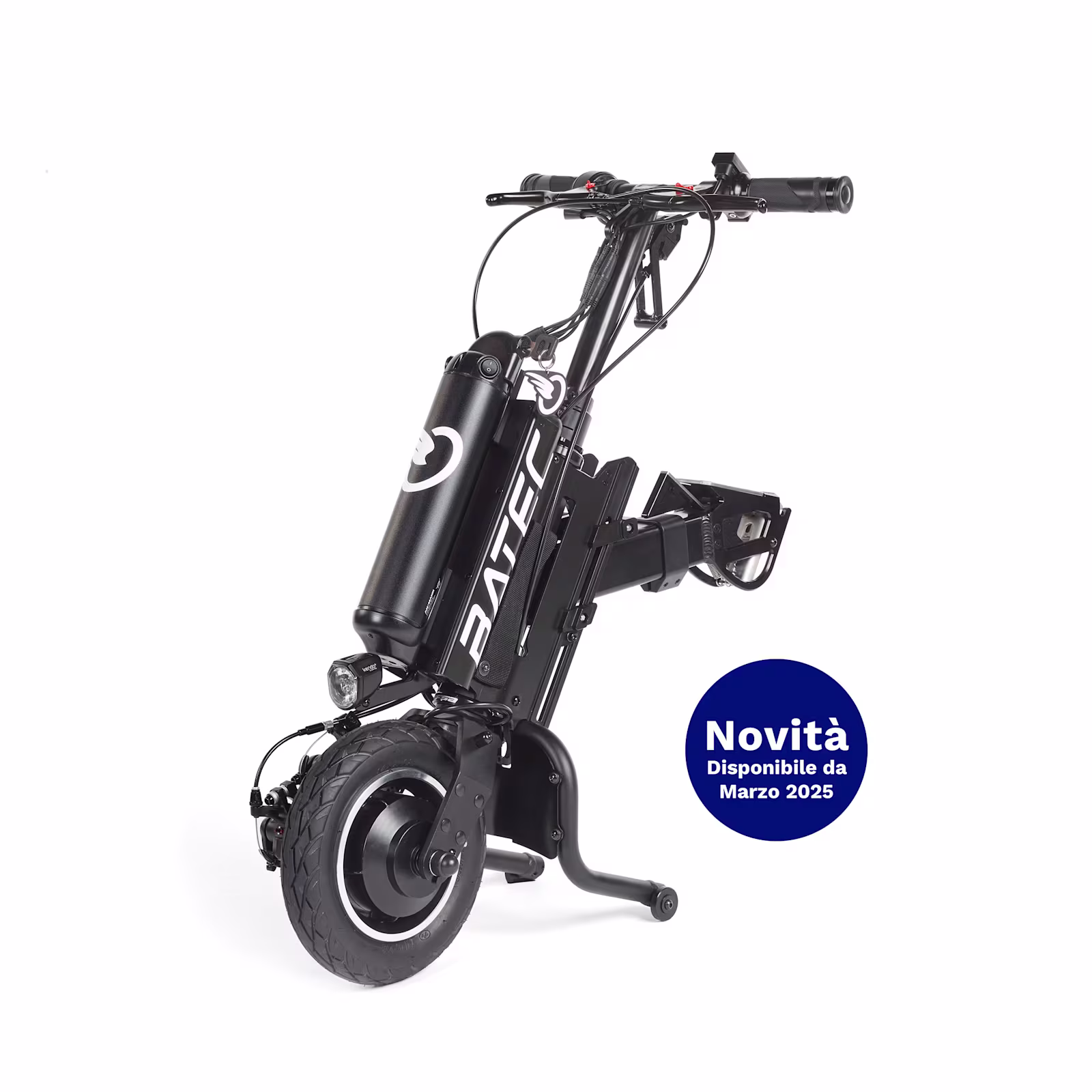 Vista di 3/4 anteriore della nuova handbike Batec Air disponibile da Marzo 2025