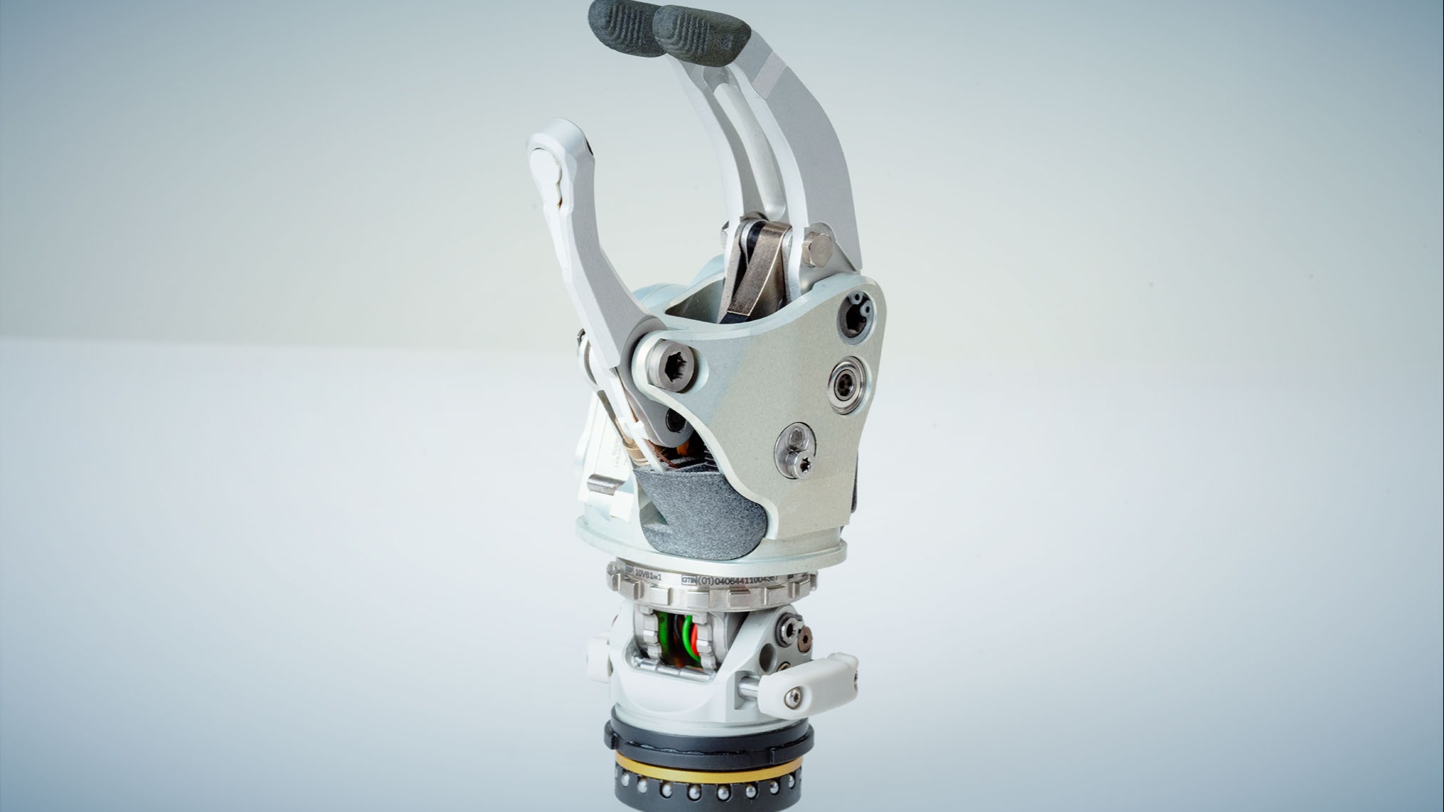 A closeup of the Ottobock speedhand on a brightly lit white background