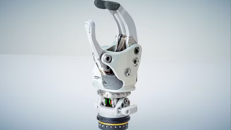 A closeup of the Ottobock speedhand on a brightly lit white background