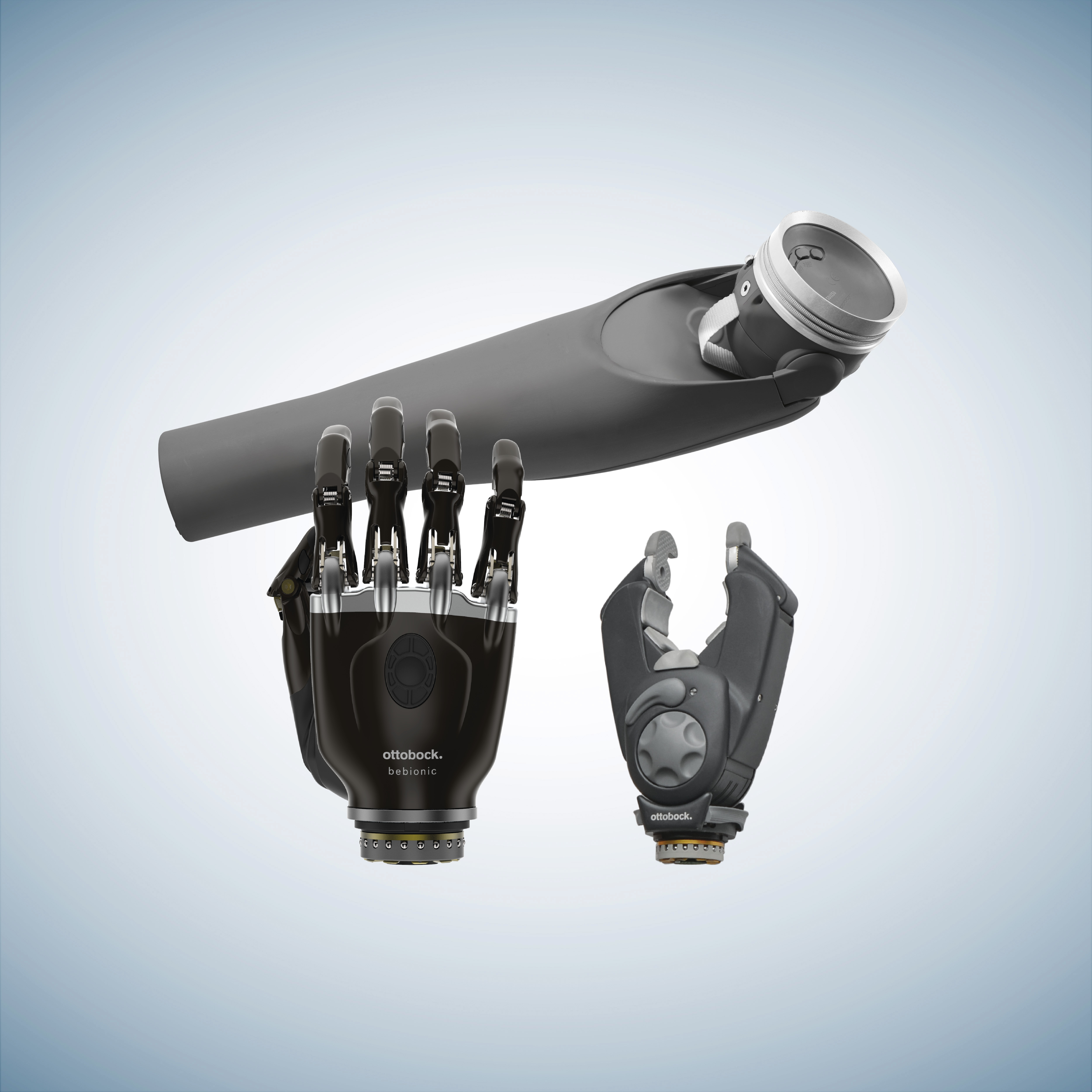 Ottobock DynamicArm with bebionic hand and Greifer prosthetic combination for strength and versatility.