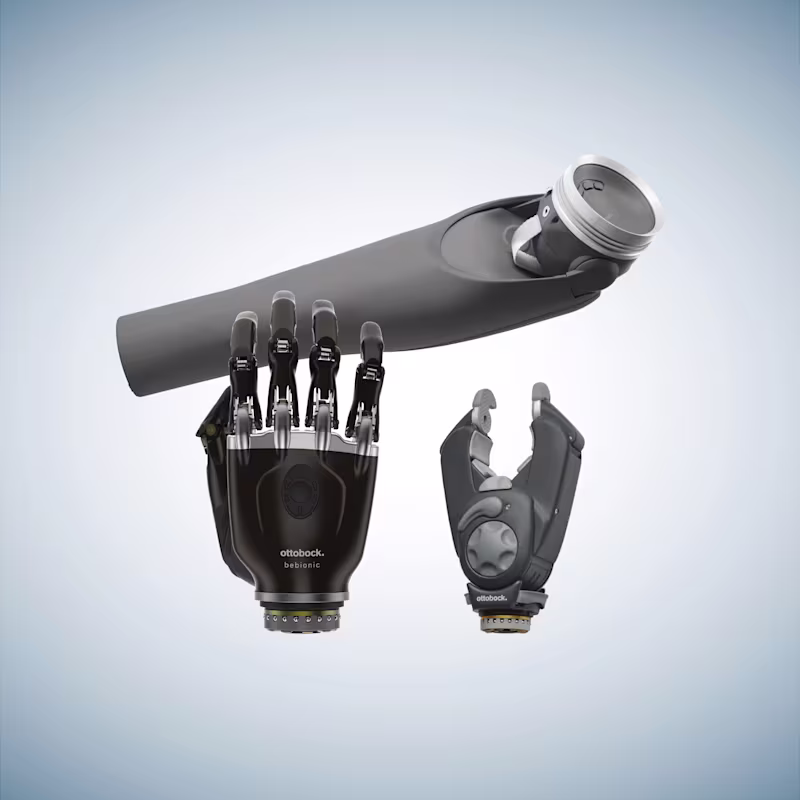 Ottobock DynamicArm with bebionic hand and Greifer prosthetic combination for strength and versatility.