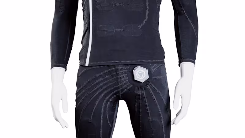Lower body of a mannequin wearing the exopulse suit.
