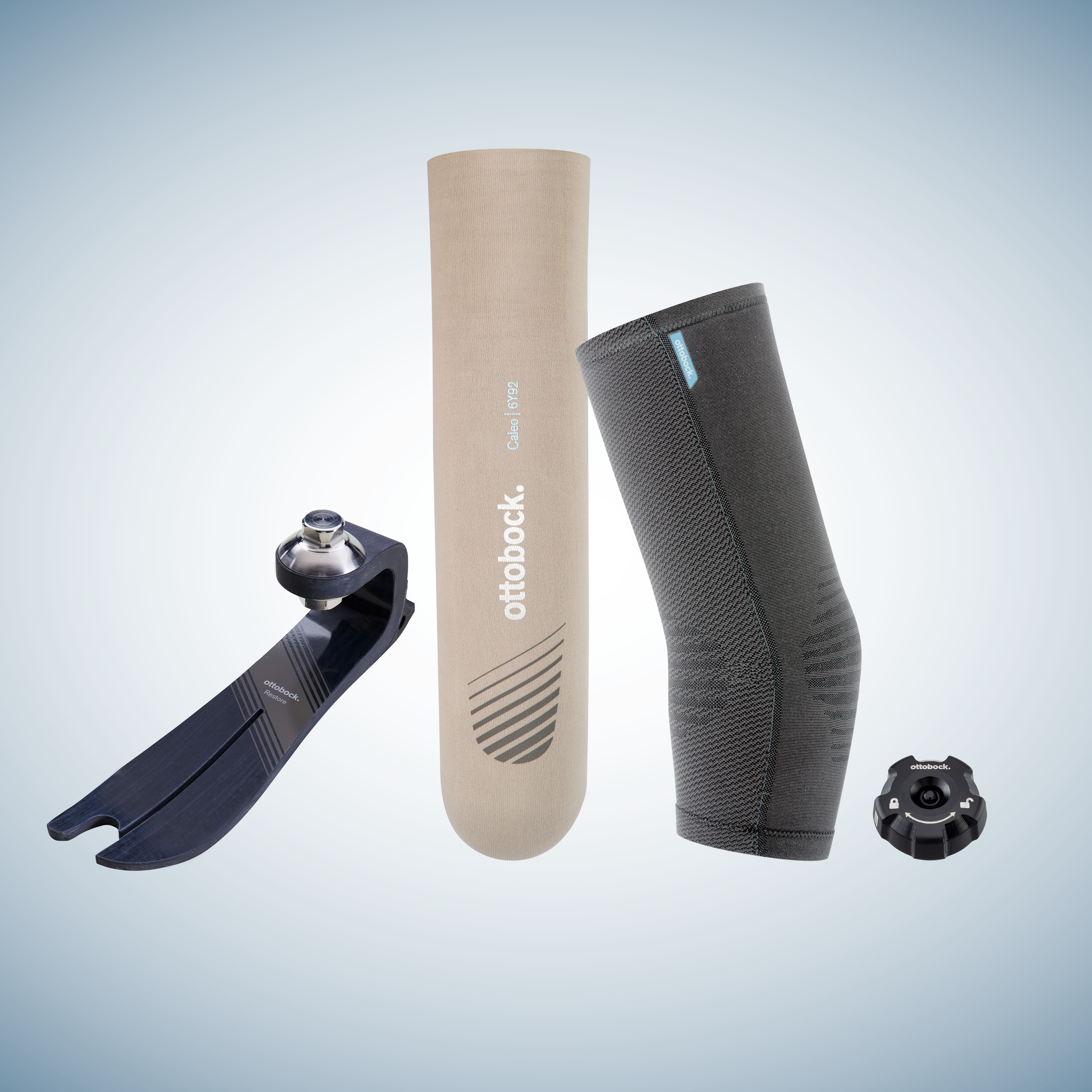 Ottobock Restore foot with Caleo liner, ProFlex Plus sealing sleeve, and QuickValve suspension system.