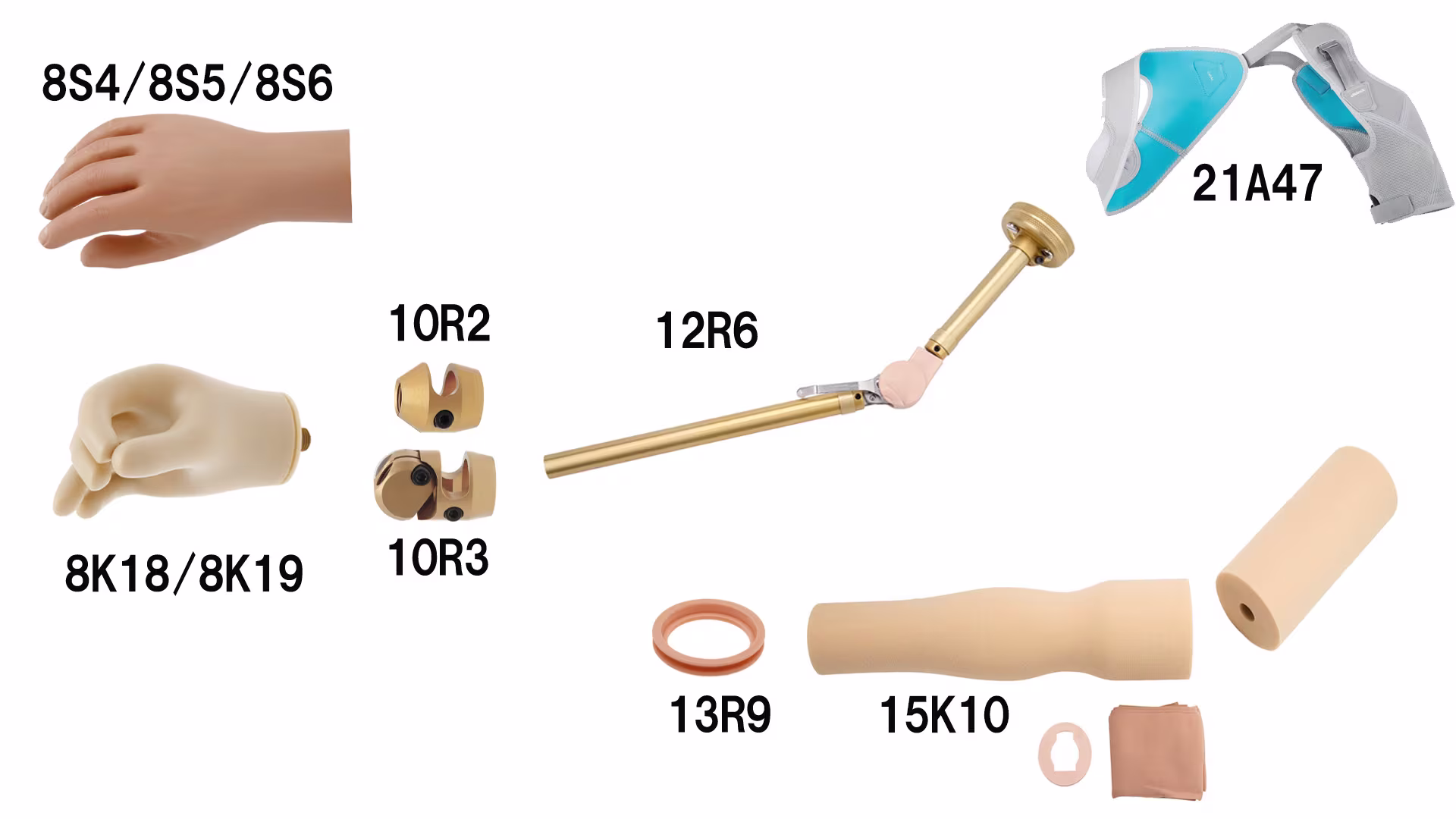 義手パーツ 構造と仕組み 骨格構造 上腕義手中断端 12R6S7仕様 ハンド/手継手/肘継手/グローブ/フォームカバー/21A47懸垂ハーネス