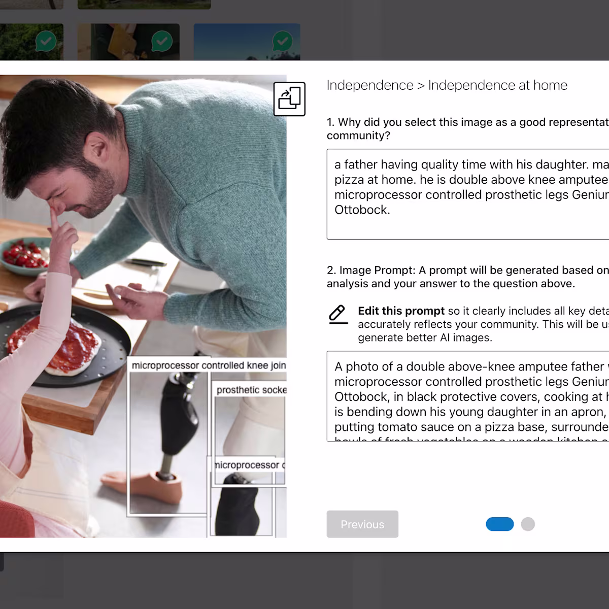 A screen showing how users can use the #DearAI Community Library by Microsoft to help AI Systems identify and include those with disabilities or limb difference/loss in AI-generated photos.