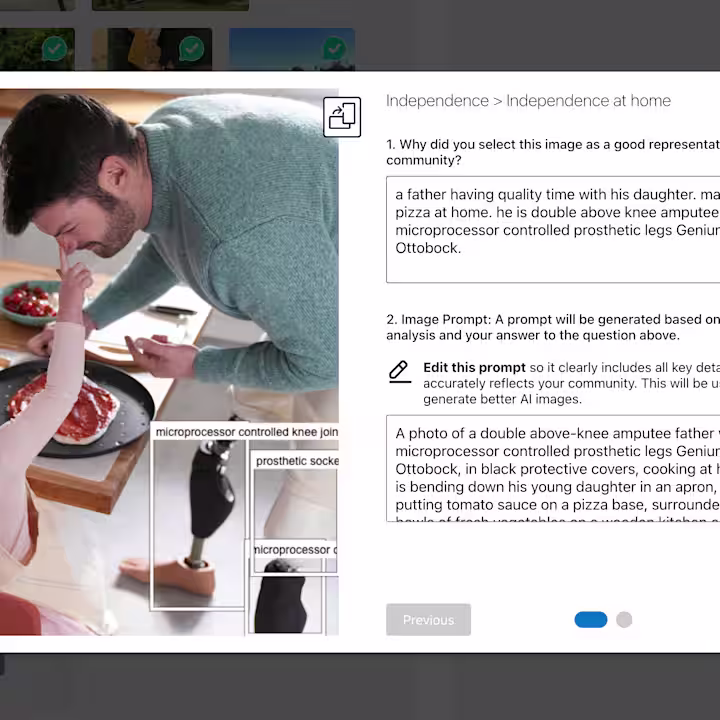 A screen showing how users can use the #DearAI Community Library by Microsoft to help AI Systems identify and include those with disabilities or limb difference/loss in AI-generated photos.