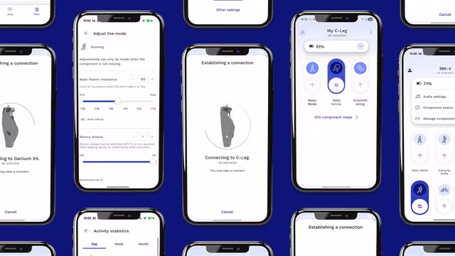 Overview of smartphone screenshots of the Ottobock connectgo app.