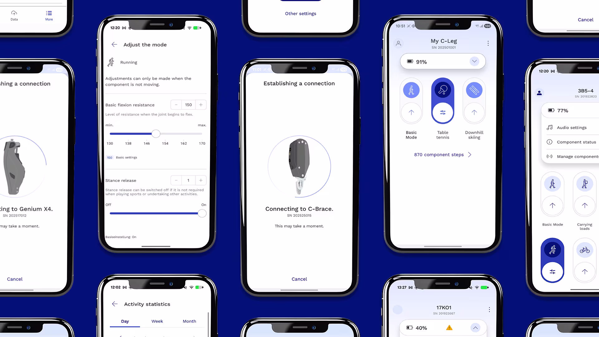 Overview of smartphone screenshots of the Ottobock connectgo app.