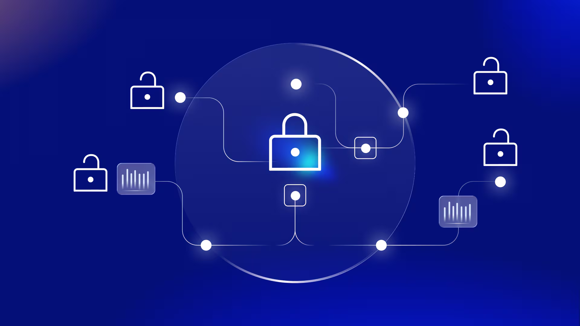 Network of locks connected by abstract lines on a blue background.