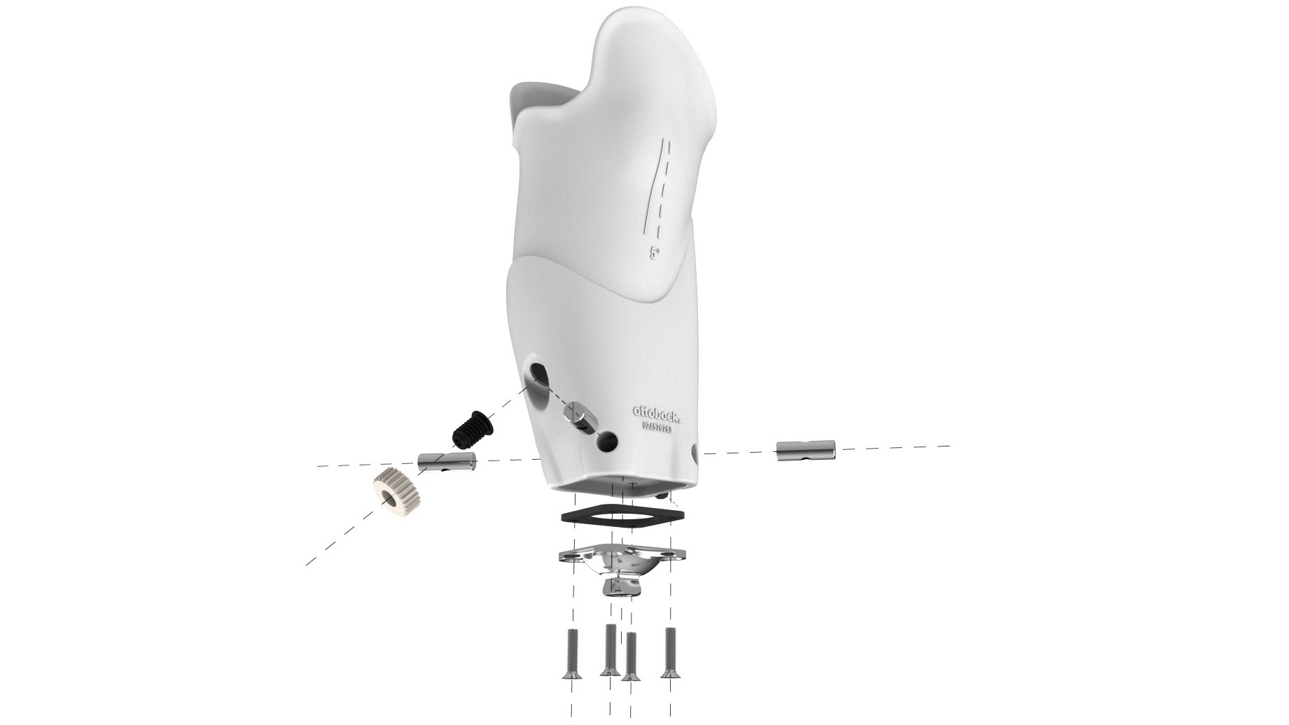 A rendered image of a prosthetic socket with illustrations indicating the various components that make up the product