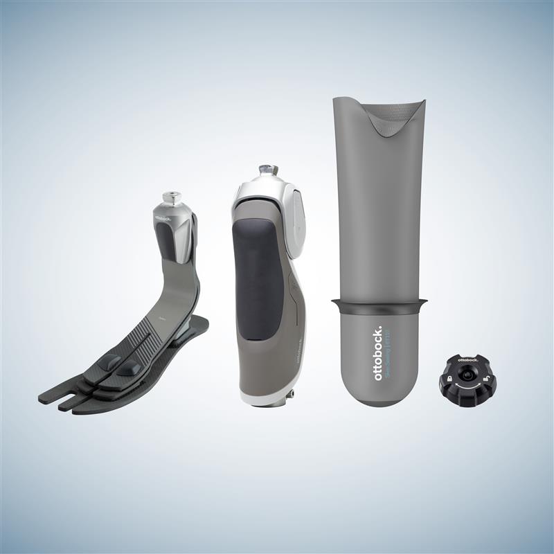 Taleo prosthetic foot, Dynion prosthetic knee, Skeo Sealing liner, and QuickValve suspension system.