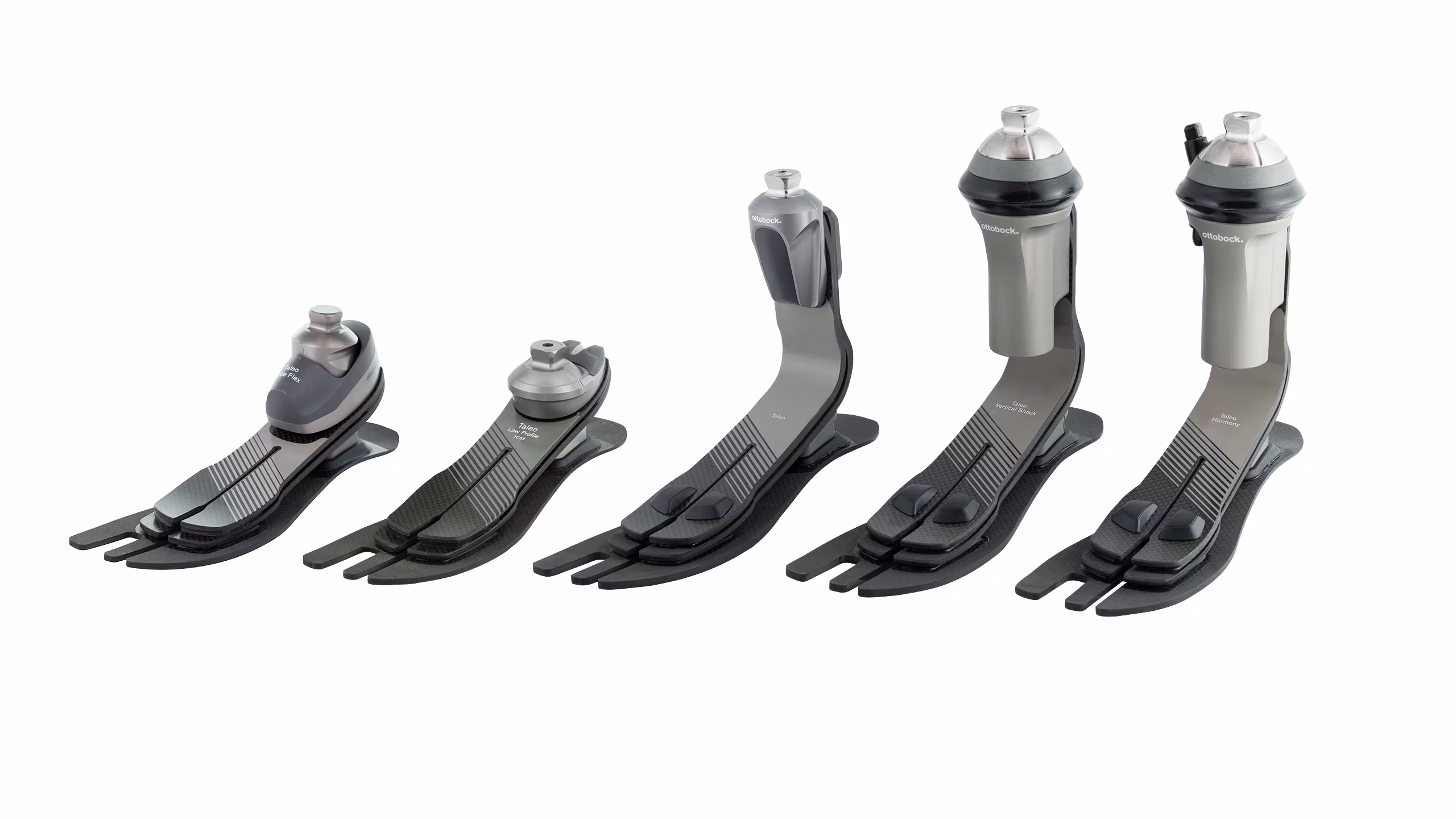 Panoramica diei vari modelli di piedi protesici in carbonio della famiglia Taleo