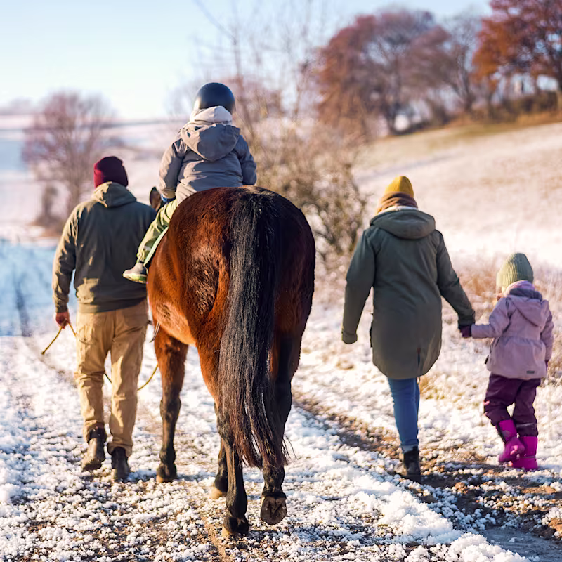 Zerebralparese Patient sitzt auf einem Pferd und geht mit seiner Familie spazieren