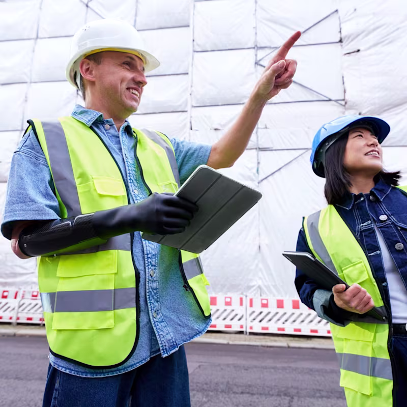 A prosthesis user holds a tablet with their prosthetic hand while standing with a colleague at a construction site.