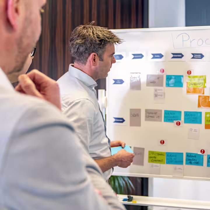 Mehrere Teilnehmer am O&P Business Consulting Workshop diskutieren Prozessabläufe an einem Whiteboard.