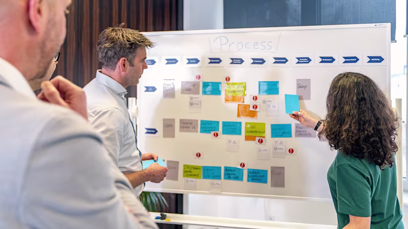 Diversi partecipanti al workshop di consulenza aziendale Ottobock discutono i flussi di processo su una lavagna.