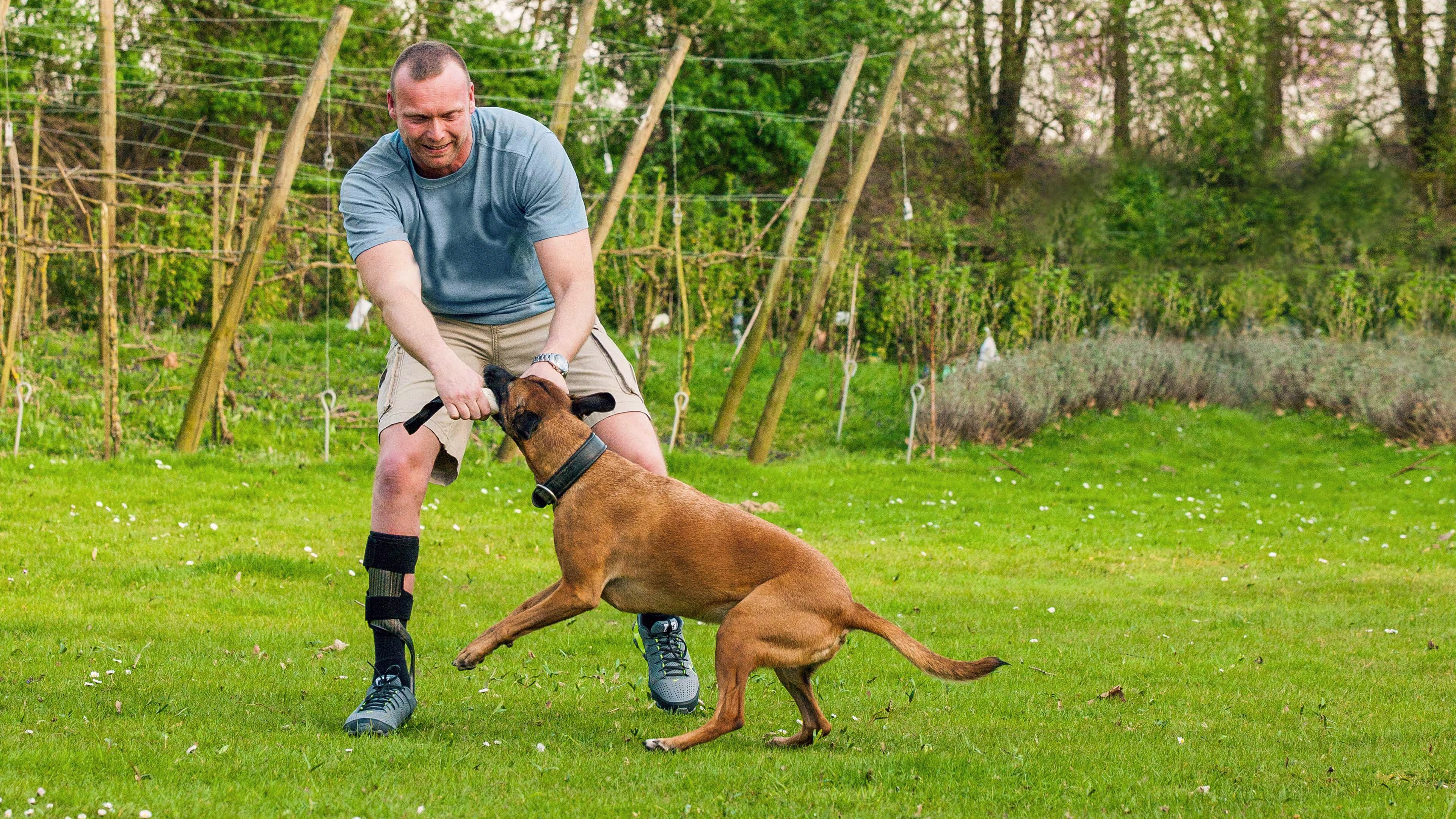 A man with an orthosis plays with his dog in the garden.