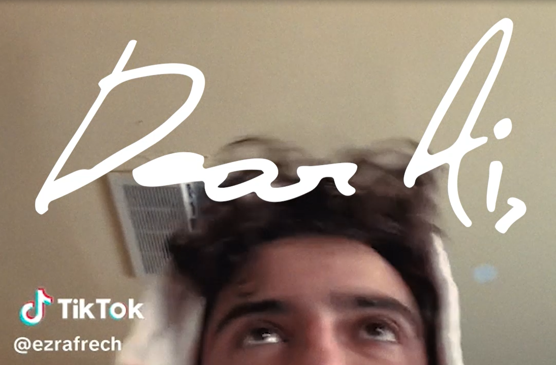 Goldmedaillengewinner Ezra French putzt seine Zähne mit „dear AI“ Text-Overlay auf der Bildgebung