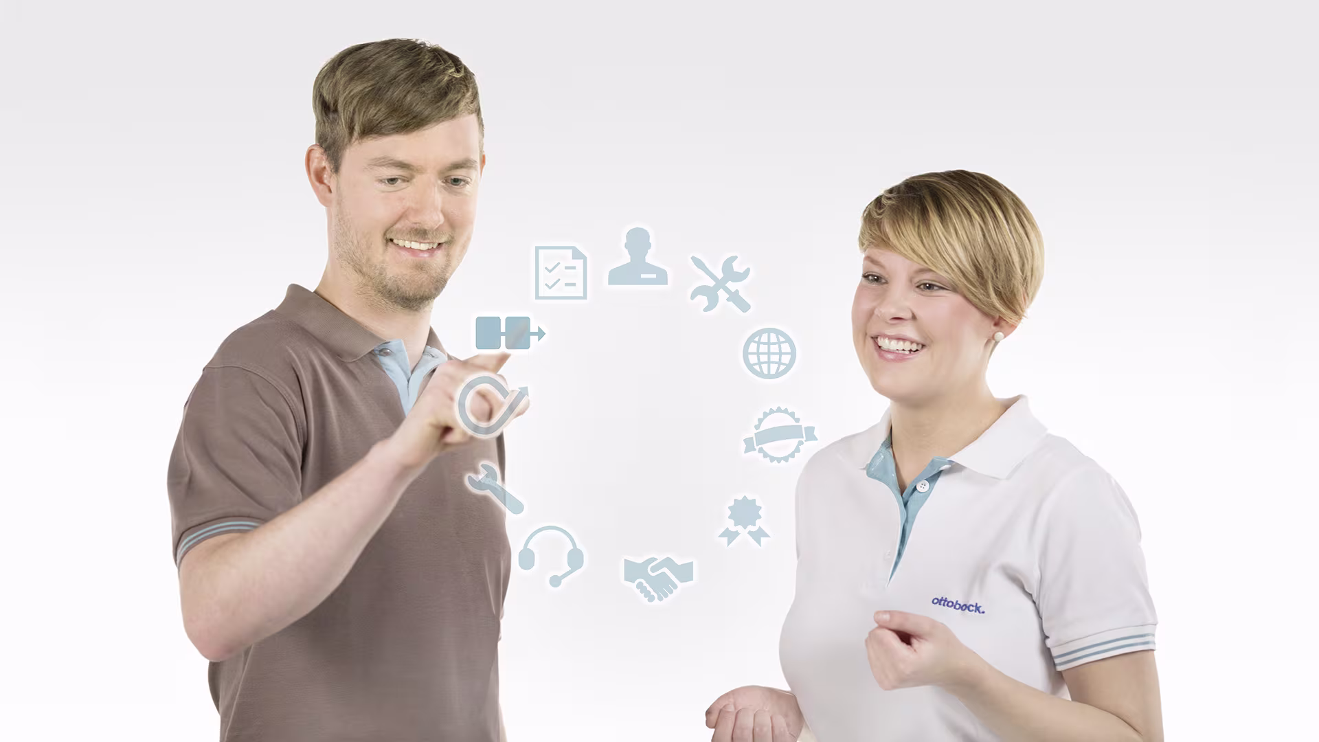 Ottobock team members standing with technology and service icons representing support and innovation.