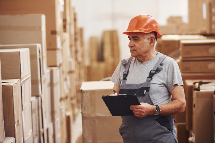 senior-storage-worker-in-uniform-and-notepad-oude-werknemer