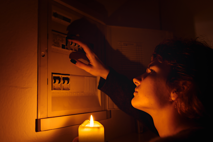 MKBSD - persoon met kaars bij stoppenkast stroomstoring
