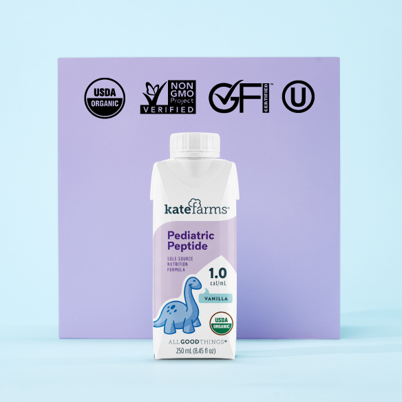 Kate Farms Peptide 1.0 Vanilla formula with USDA Organic Certified logo, Non-GMO Project Verified logo, Gluten-Free Certified logo, and Kosher logo