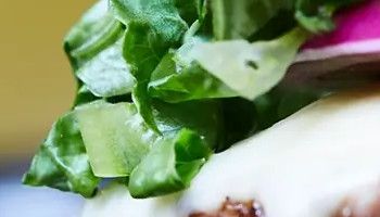 A close-up of a juicy cheeseburger with lettuce, tomato, onion, and melted cheese in a seeded bun, accompanied by crispy fries and a drink in the background.