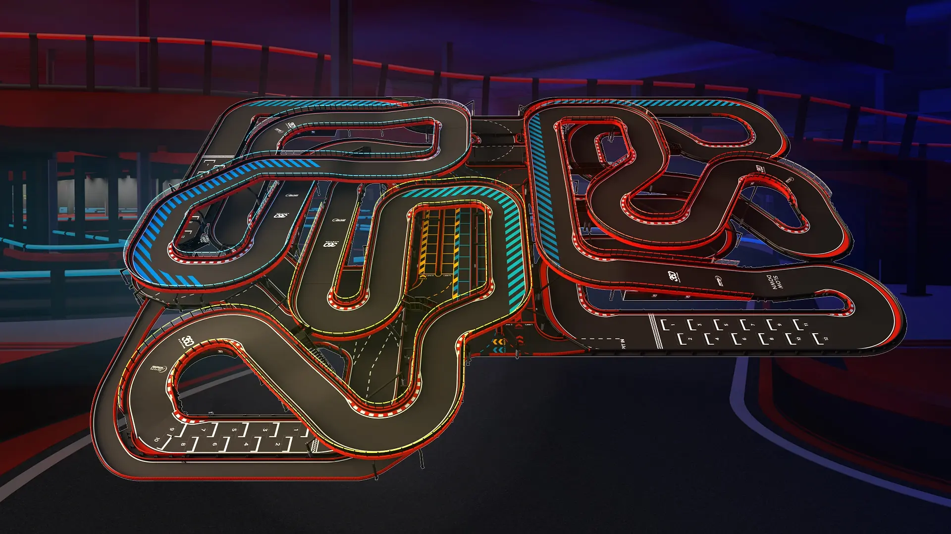 A vibrant go kart racing track with intricate curves and twists, marked by neon-lit boundaries in red, blue, and green. The track features multiple lanes and sharp turns, set against a dark, indoor background with ambient lighting.