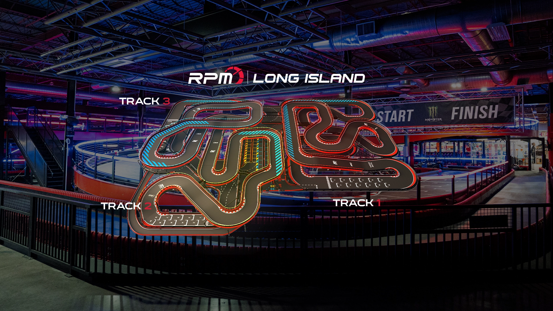 A vibrant go kart racing track with intricate curves and twists, marked by neon-lit boundaries in red, blue, and green. The track features multiple lanes and sharp turns, set against a dark, indoor background with ambient lighting.