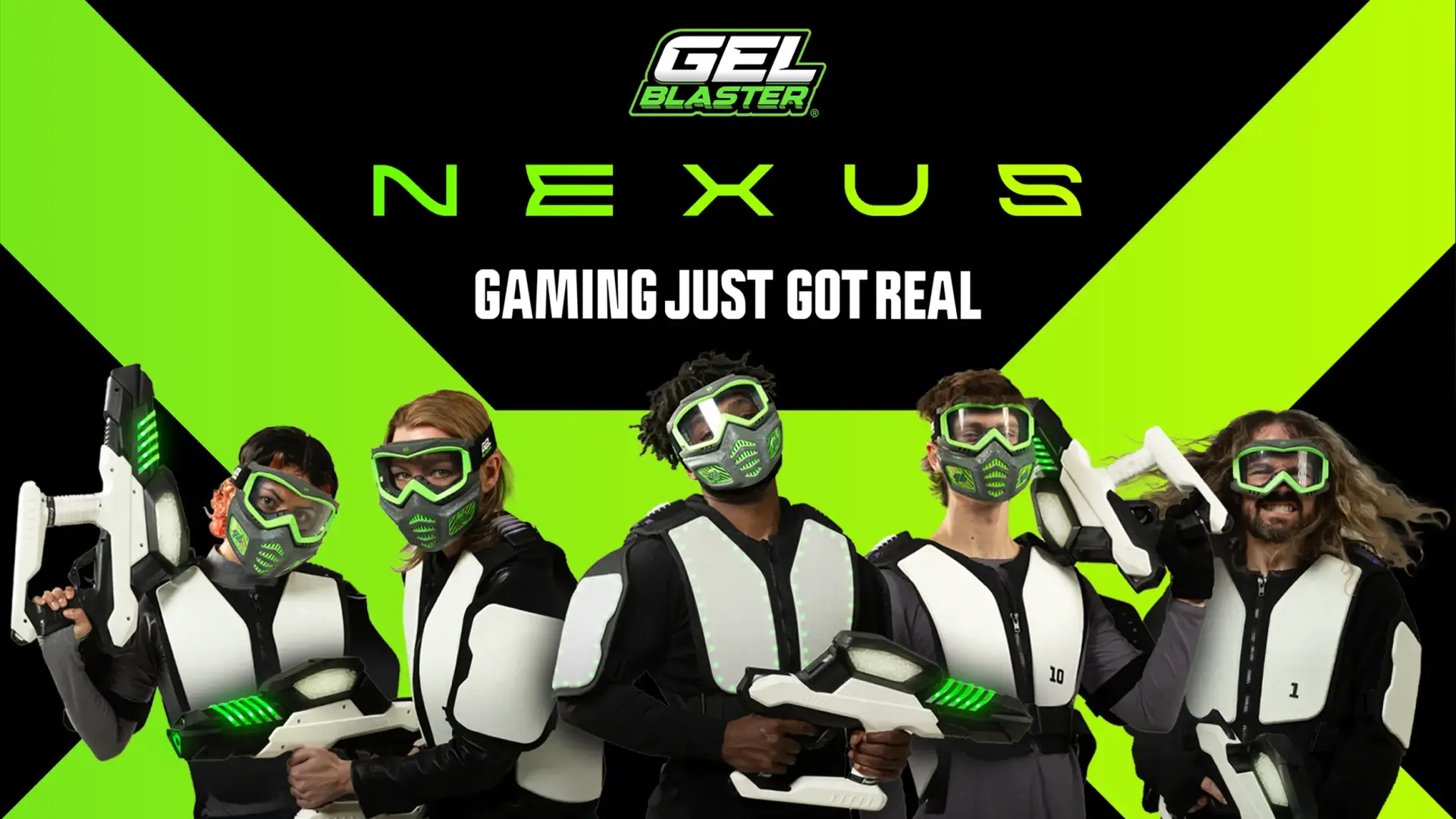 A group of five people wearing black and white protective gear and green visors hold futuristic blasters. The text above them reads, "Gel Blaster Nexus" and "Gaming Just Got Real." The background features black and neon green graphics.