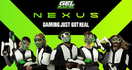 A group of five people wearing black and white protective gear and green visors hold futuristic blasters. The text above them reads, "Gel Blaster Nexus" and "Gaming Just Got Real." The background features black and neon green graphics.