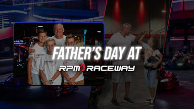 One man and two boys smiling while wearing RPM t-shirts with creative saying Father's Day at RPM Raceway.