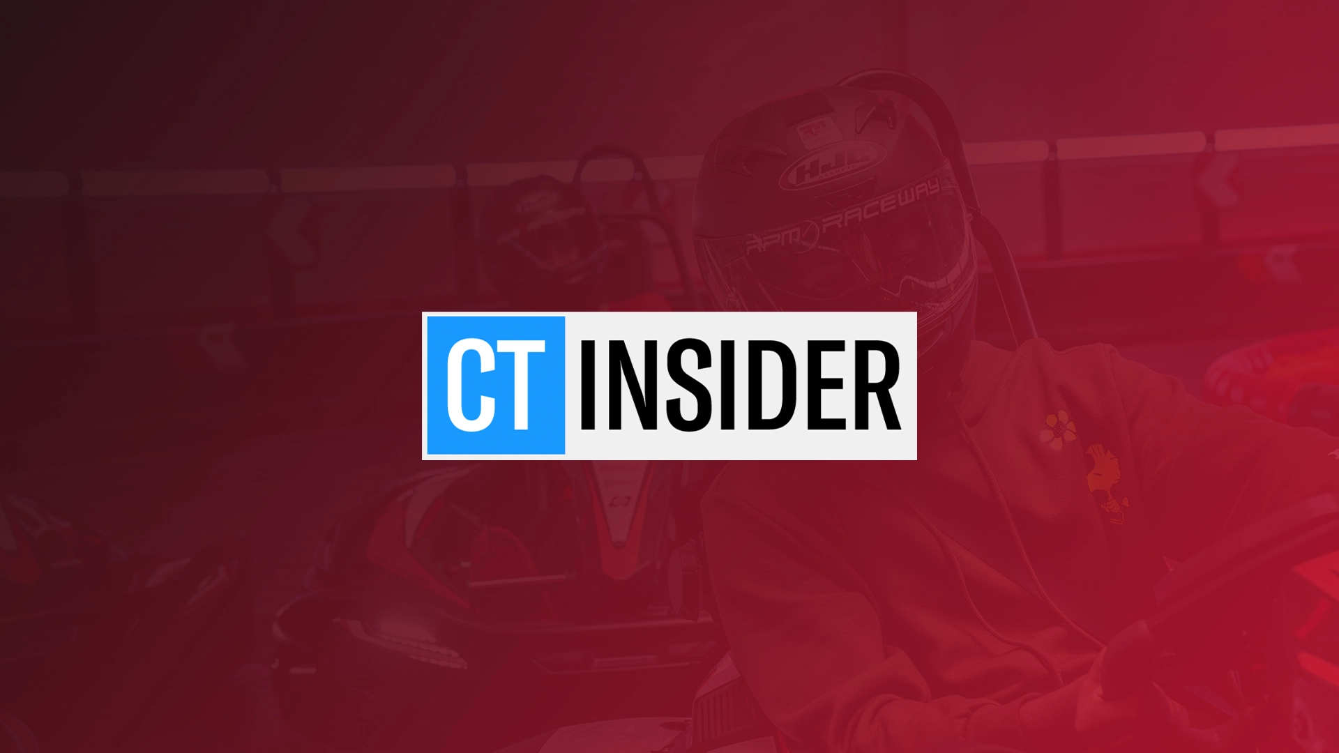 CT Insider logo centered over a red-toned image of helmeted go-kart racers on an indoor track.
