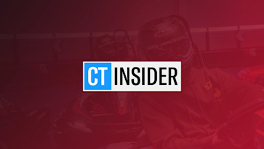 CT Insider logo centered over a red-toned image of helmeted go-kart racers on an indoor track.