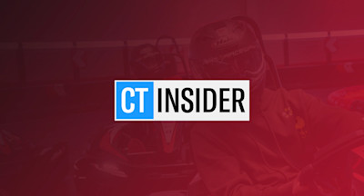 CT Insider logo centered over a red-toned image of helmeted go-kart racers on an indoor track.