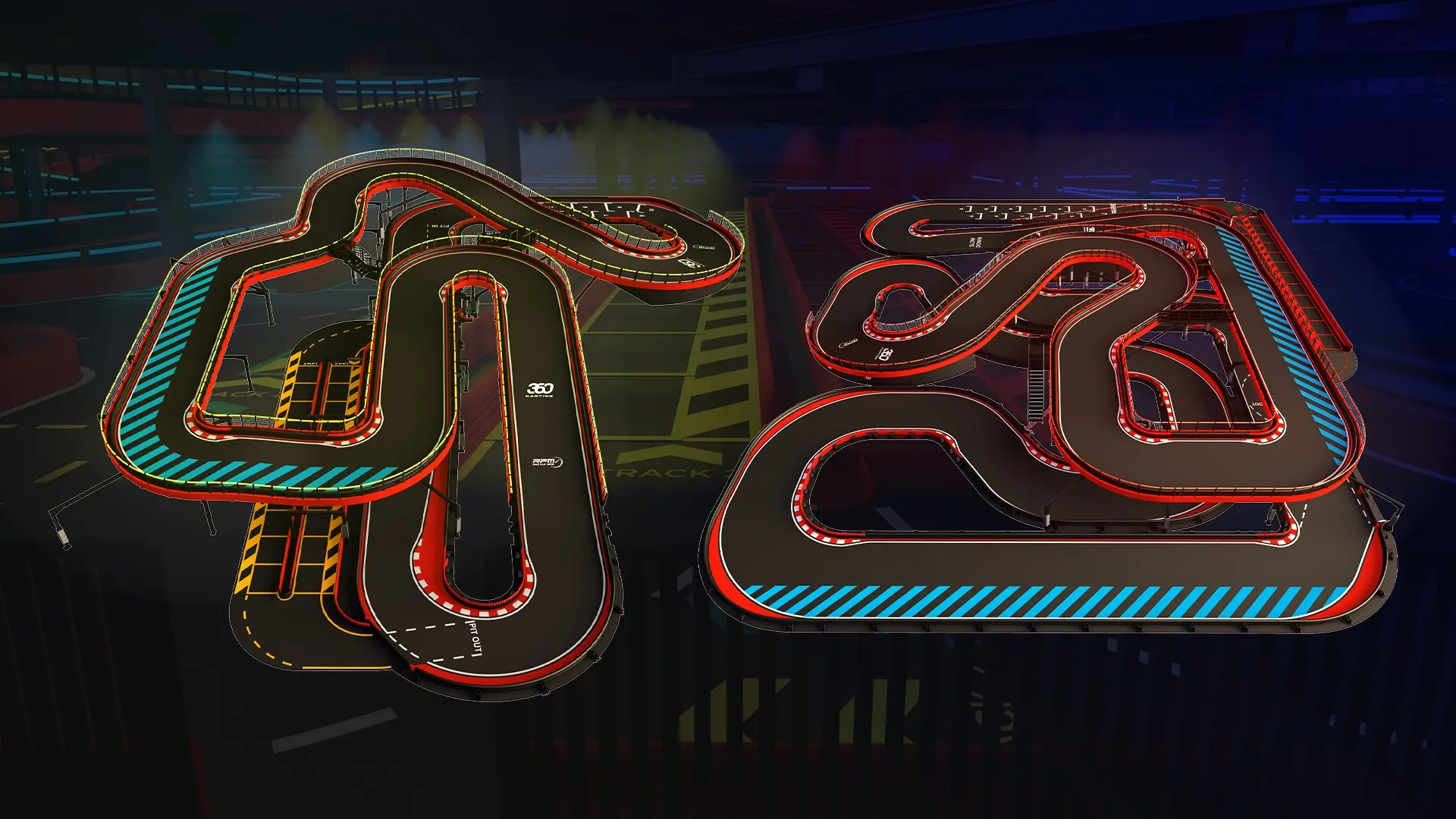 An aerial view of a dark indoor go-kart track lit with colorful neon lights, showcasing various twists and turns. The track lanes have vivid red, blue, green, and white borders, and the background is dimly lit, highlighting the vibrant track layout.